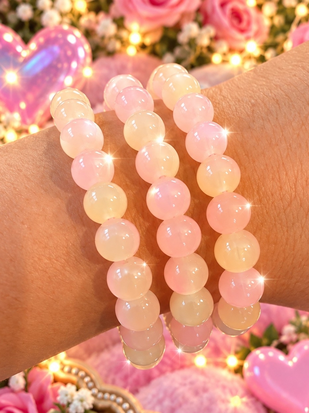 3 Pink & Cream Beaded Stretch Bracelet Set - Women Jewelry